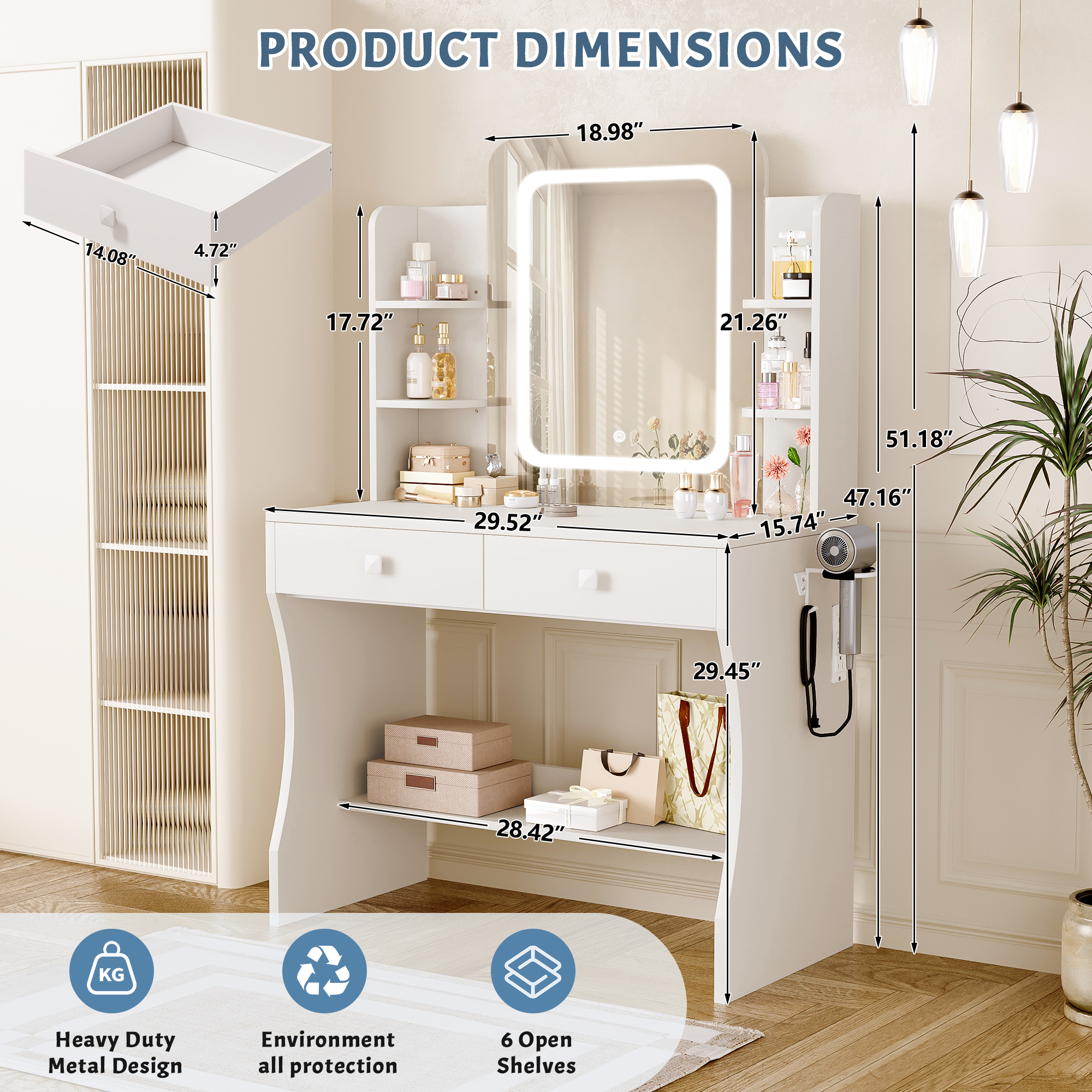 LIVELYGLOW Makeup Vanity Desk with Lighted Mirror, Vanity Set with 6 Open Shelves, 2 Drawers, Power Outlet & Hairdryer Holder, Vanity Dressing Table Perfect gift for Bedroom - White