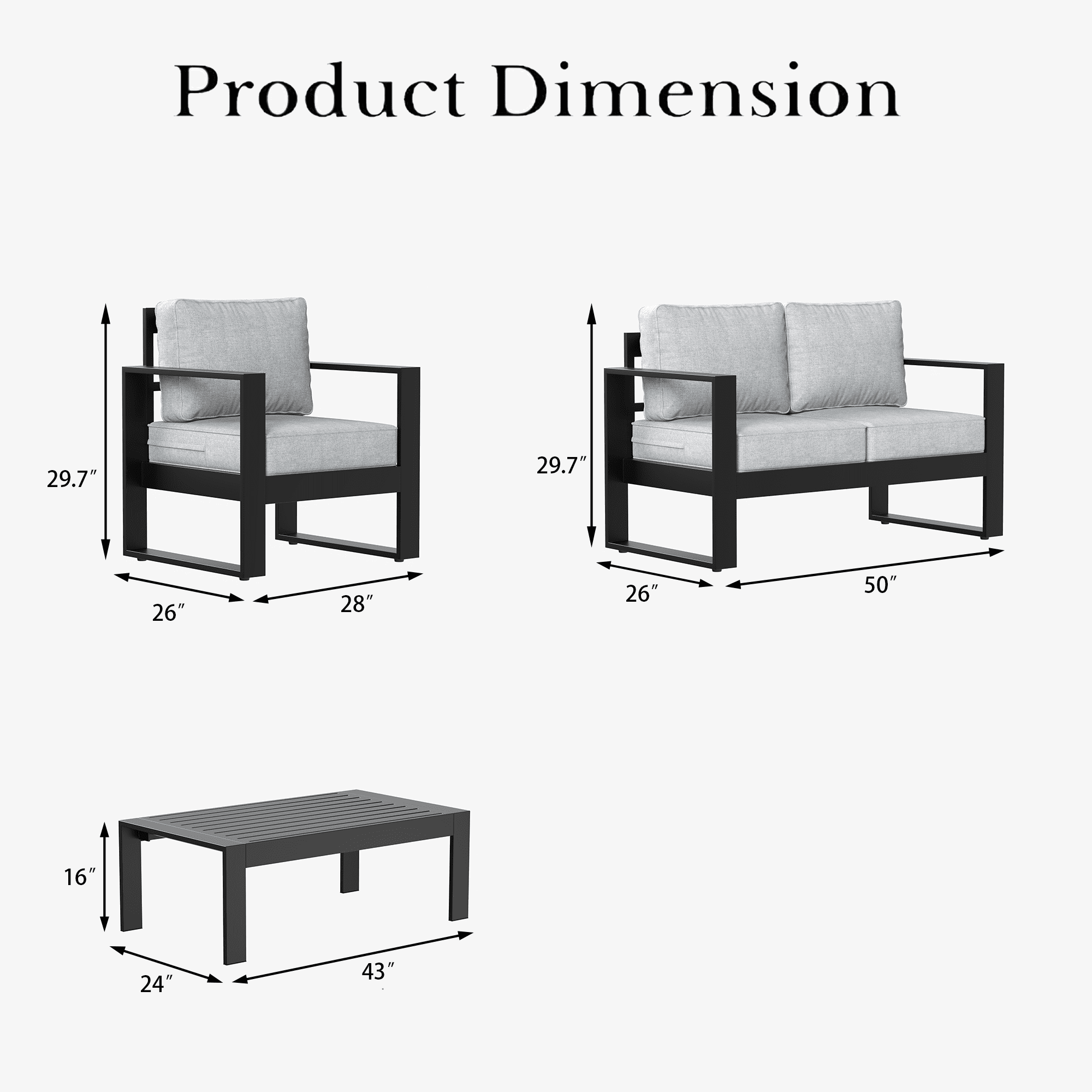 LayinSun 4 Piece Hight Back Aluminum Outdoor Furniture Set with Coffee Table, Modern Patio Conversation Sets