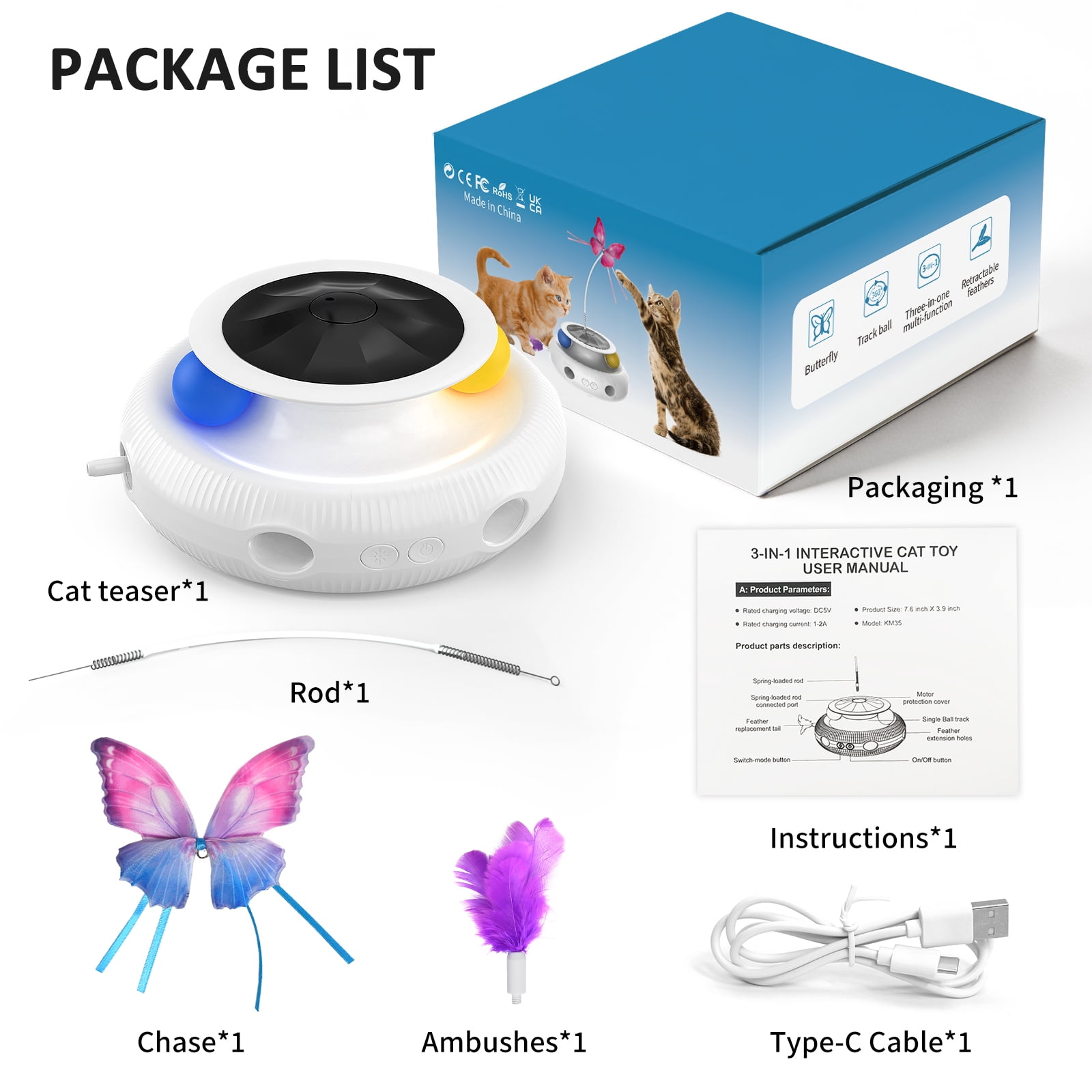 Three-in-one indoor interactive cat toy: Smart cat feather wand, USB rechargeable, White.