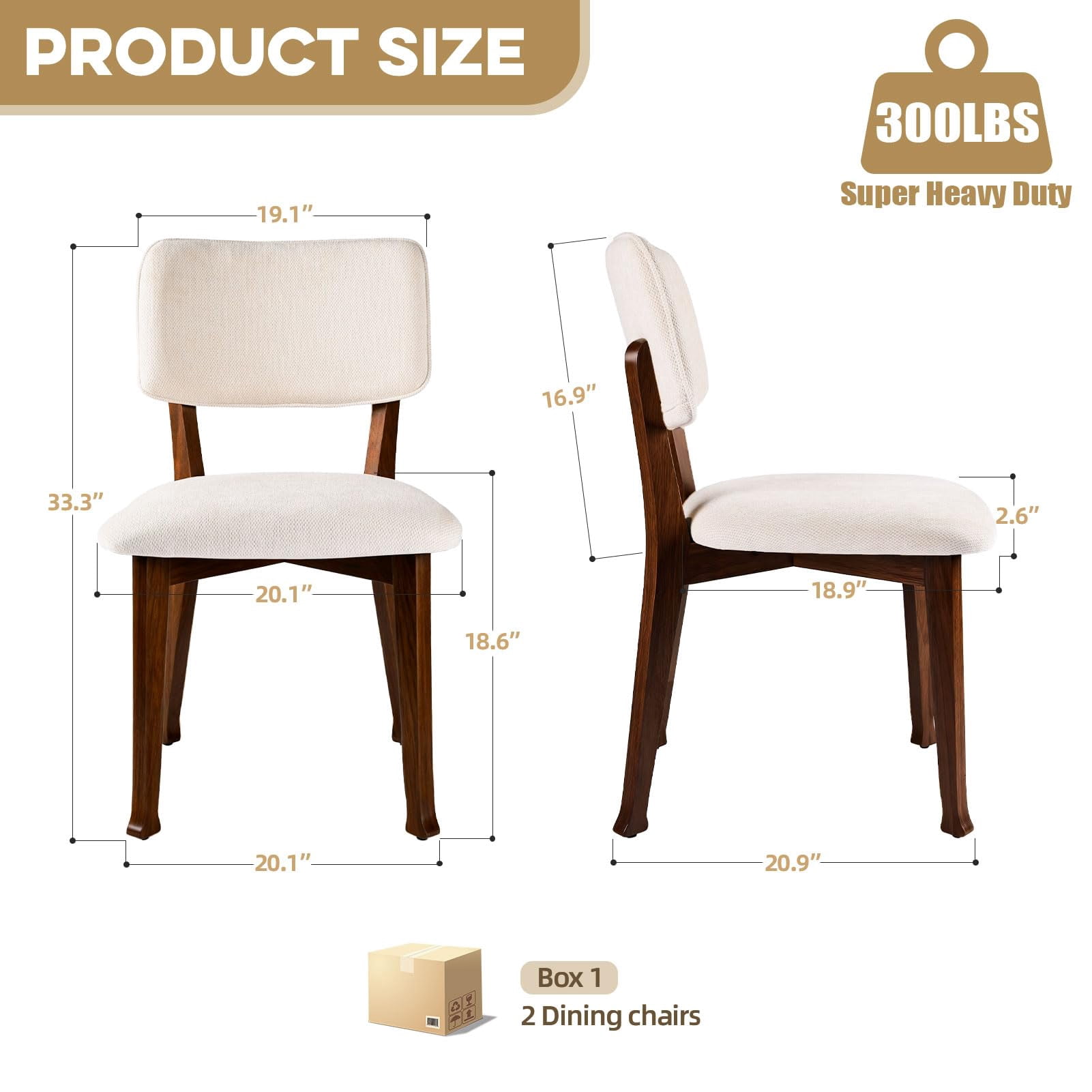 Wooden Dining Chairs Set of 2, Fabric Upholstered Kitchen Chairs with Curved Backrest, 300LBS Capacity