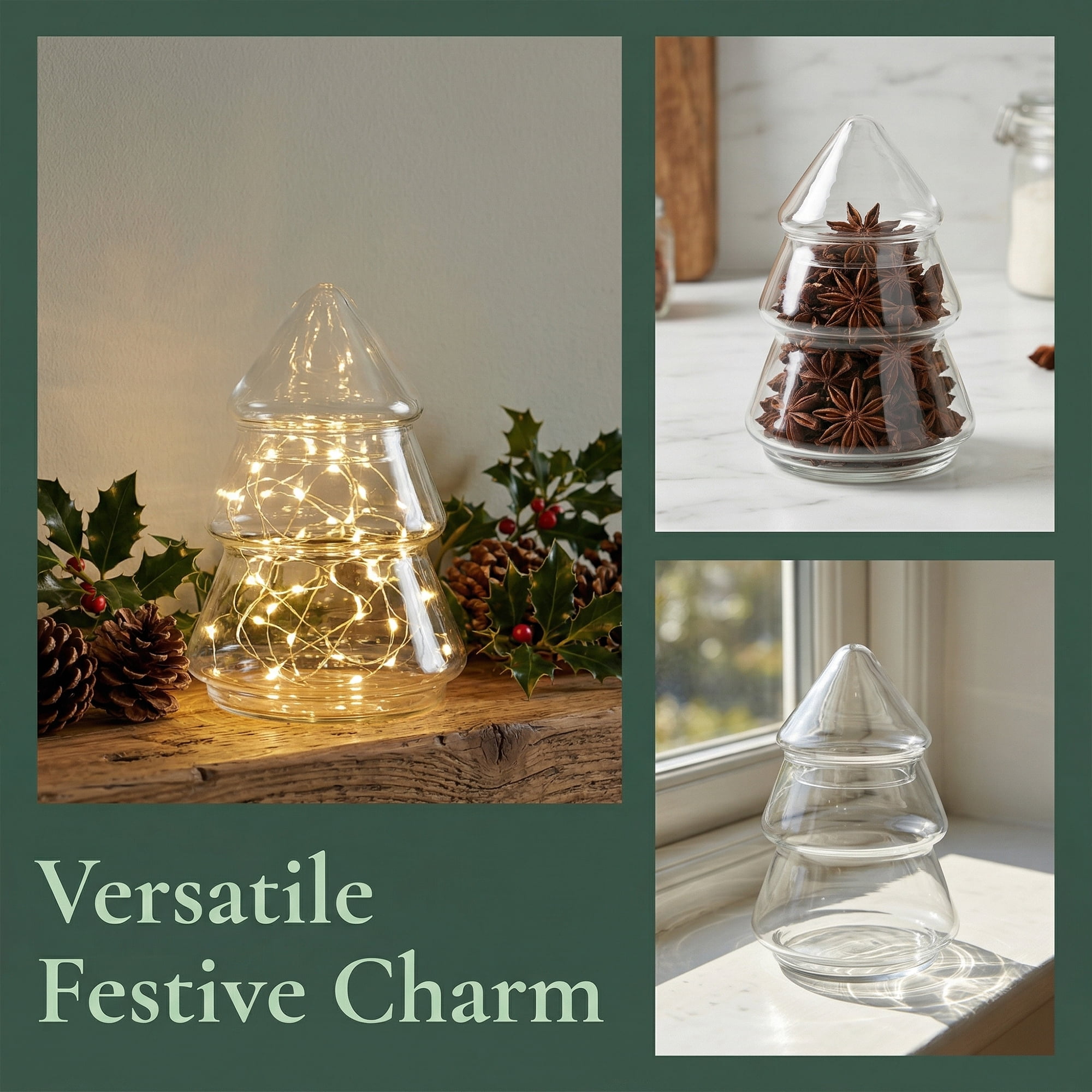Unique Bargains Christmas Tree Glass Storage Jar With Lid Clear 2.7" x 2.7" x 4.7"