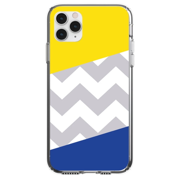 DistinctInk Clear Shockproof Hybrid Case for iPhone 11 (6.1" Screen) - TPU Bumper, Acrylic Back, Tempered Glass Screen Protector - Blue Yellow Block Grey Chevron - Chevron Stripes Pattern