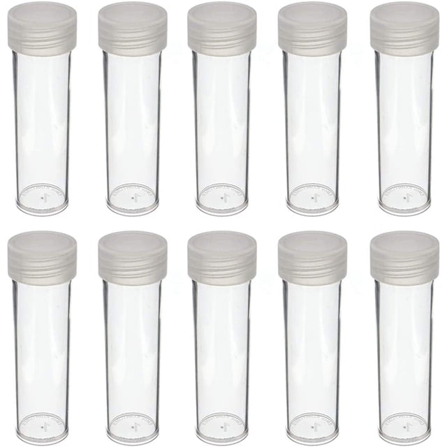 10) Tubes de Rangement Ronds en Plastique Transparent pour Pièces de Monnaie à Visser sur Couvercle