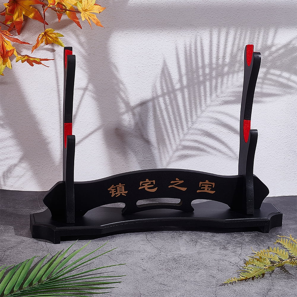 2-Tier Wooden Katana Holder Stand Bracket Samurai Display Easels with Chinese Character Black 9.9x39x26cm