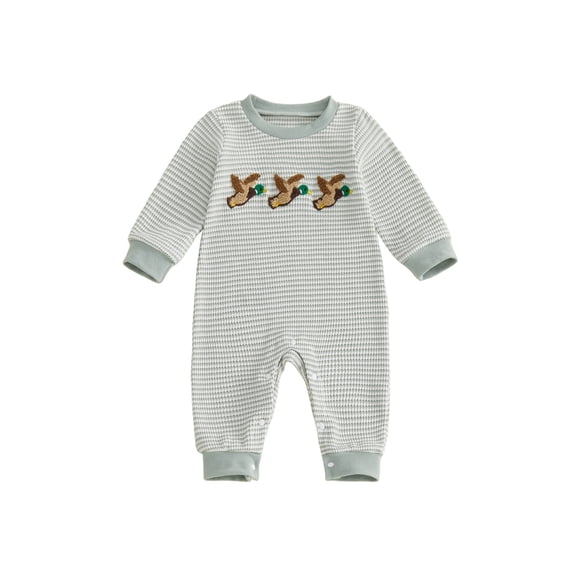 Cenuakty Baby Boy Fall Romper Casual Duck Embroideried Striped Crew Neck Long Sleeve Infant Boy Jumpsuit