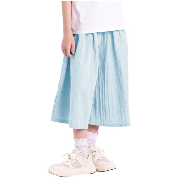 KyCheLot Kids Girls Solid Color Capris Pants Summer Pleated Wide Leg Elastic Waist Pants Comfy Fashion Skirts Pants