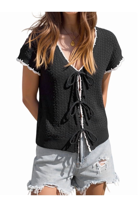 Women Summer Cable Knit Cardigan Sweater Tie Front V Neck Oversized Knitwear