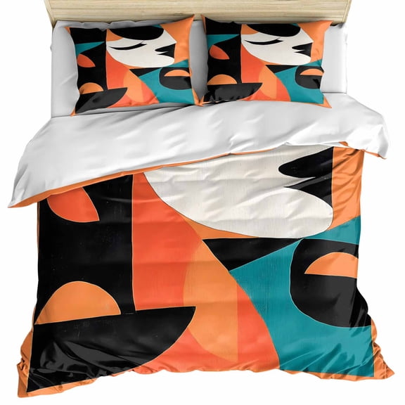Color Block Bedding 3 Piece Duvet Cover Set Full Size, Orange Teal Black Contemporary Abstract Soft Microfiber Comforter Cover with Zipper Closure & Pillowcases, Wrinkle & FadeResistant Quilt Cover