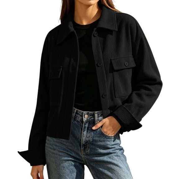 GaThRRgYP Jean Jacket Women Plus Size Stretchy Fashion Women's Casual Long Sleeve Turndow Collar Pocket Button Top Blouse Ladies Coat Black S