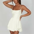 thumbnail image 4 of Lovskoo 2024 Women's Satin Backless Mini Romper Dress with Shorts Spaghetti Strap Playsuits Tie Back Summer Ruffle Layer Jumpsuits Dress White, 4 of 9