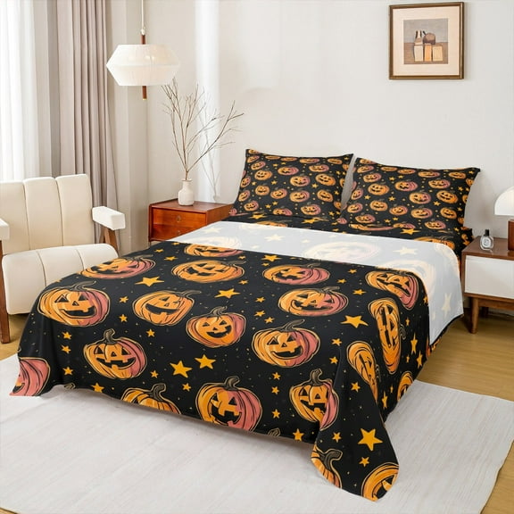 Manfei Spooky Pumpkin Full Size Sheets,Halloween Theme Bed Sheets,Orange Black Sheet Sets For Girl Boy,Breathable Room Decoration,4-Piece