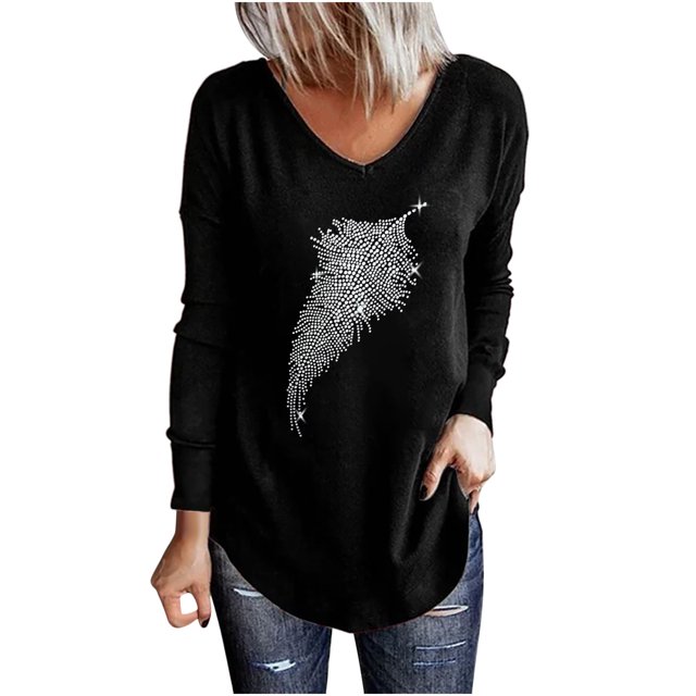 Camiseta de manga larga con cuello en V para mujer, blusa de lentejuelas brillantes, Tops tipo túnica Fridja FKASFK4618