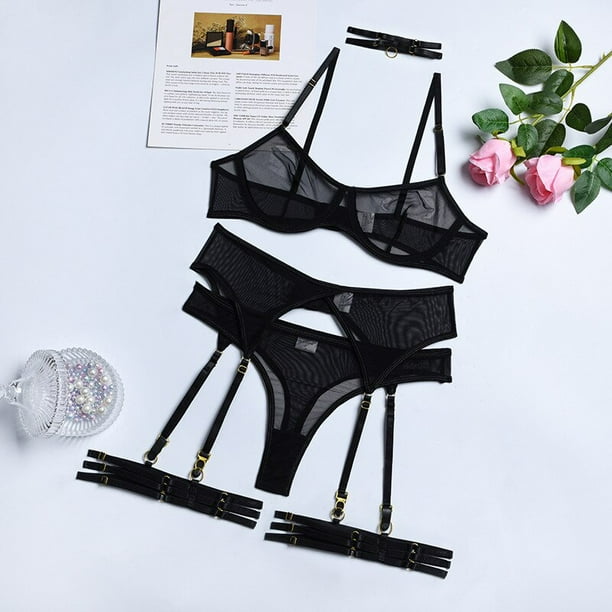 Conjunto de Sujetador de encaje de 4 piezas para mujer, ropa interior con aros y liguero, lencería Sexy, varios estilos