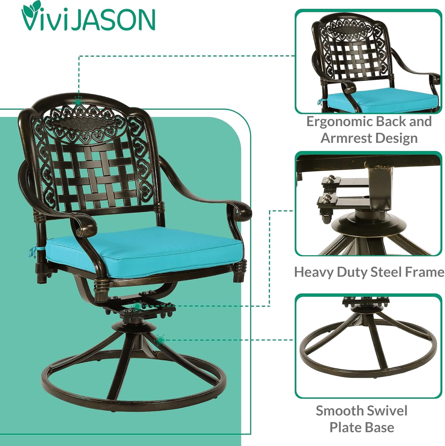 VIVIJASON 9-Piece Outdoor Furniture Dining Set, Rust-Free Cast Aluminum Patio Conversation Set, Include 8 Swivel Dining Chairs & 61" Round Dining Table with 31" Lazy Susan, Umbrella Hole, Ocean Blue