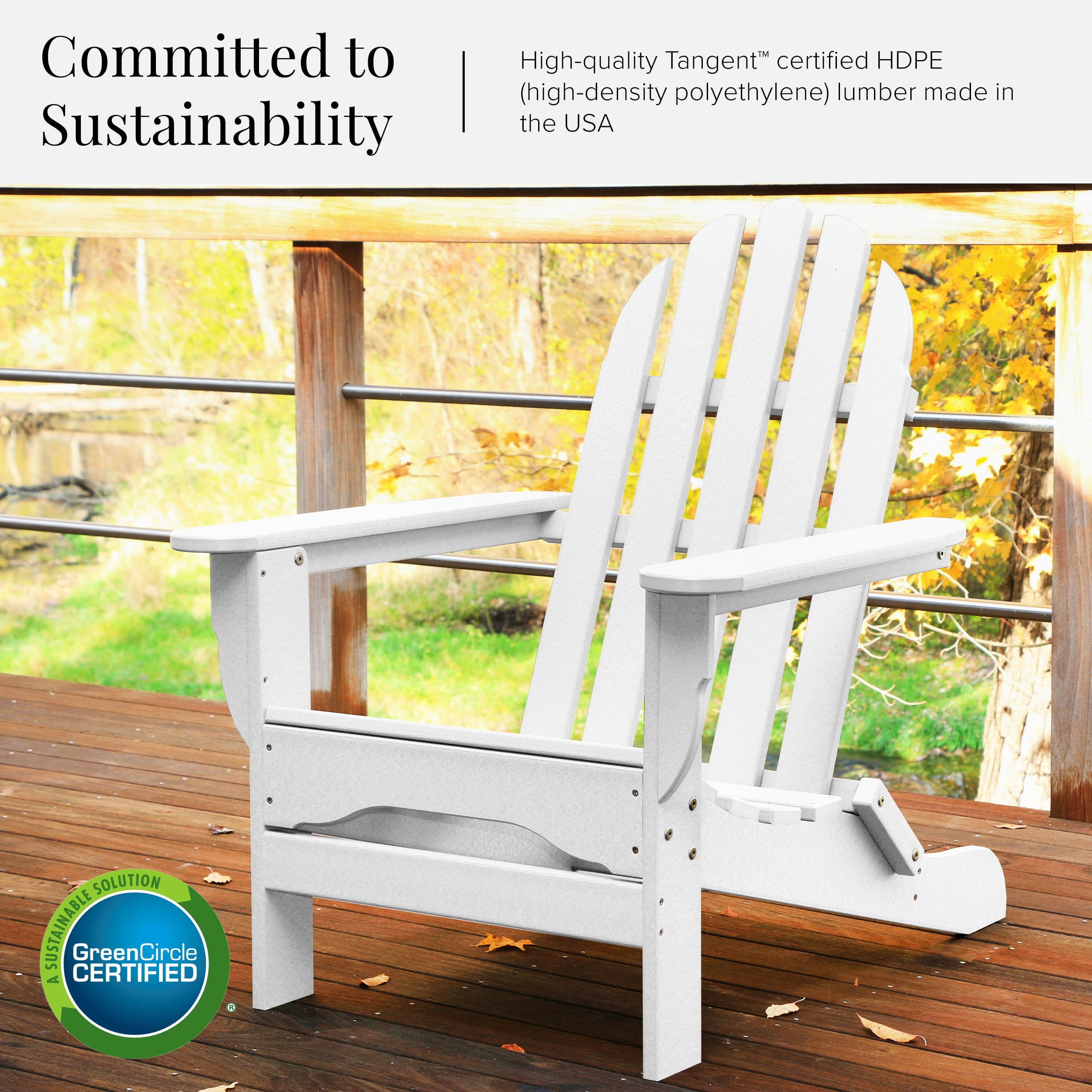 DuroGreen Adirondack Chair Made With All-Weather Tangent Sustainable Lumber, Oversized, High End Classic Patio Furniture for Porch, Lawn, Deck, or Fire Pit, White