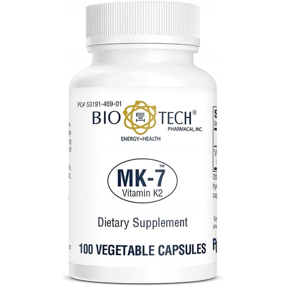 Bio-Tech Pharmacal MK-7 (Vitamin K2), 100 Vegetable Capsules – All-Natural Supplement – Supports Cardiovascular & Bone Health – No Dairy, Fish, Gluten, Peanut, Shellfish, GMOs, Kosher, Halal, & Soy