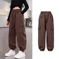 thumbnail image 2 of CPNG Girls Casual Baggy Cargo Pants Teen Girls Multi-Pocket Straight Wide Leg Athletic Pants Loose Elastic Waist Cargo Trousers(Coffee,5-6 Years), 2 of 8