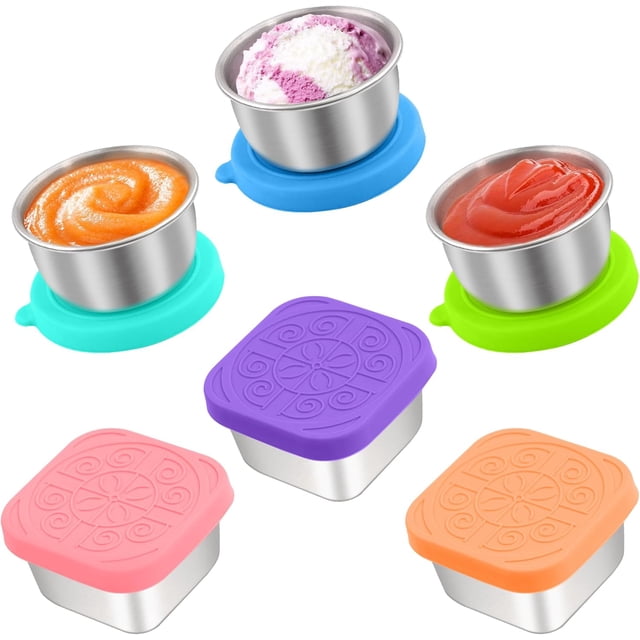Qukaka 6 PCS Salad Dressing Container to Go,Handy Leakproof Stainless Steel Meal Prep Containers Reusable,Sauce Containers for Lunch Box, Picnics, Travel, Office and Kitchen Storage-1.6oz+2.7oz