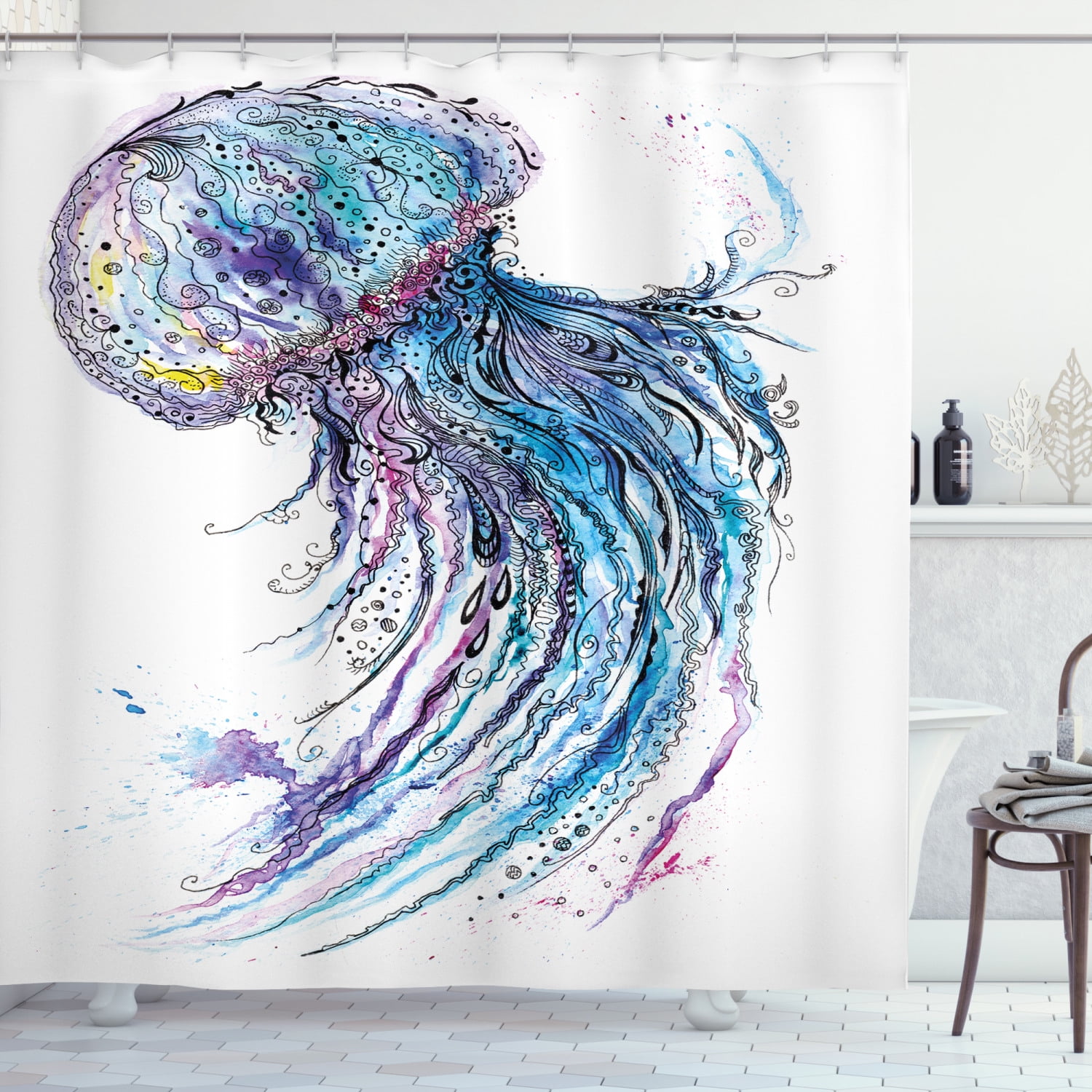 Jellyfish Printing Polyester Waterproof Bathroom Fabric Shower Curtain 12 Hook 