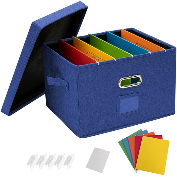 File Organizer Box Office Document Storage with 5 Hanging Filing Folders,  Collapsible Linen Storage Box with Lids, Home Portable Storage with Handle,  Letter Size Legal Folder, Navy 