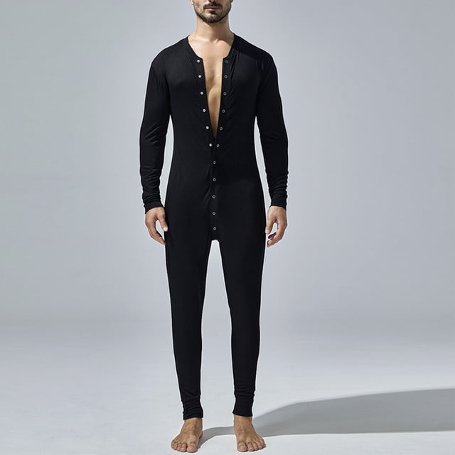 Pijama ajustado de poliéster para hombre, de color liso, con cuello redondo, manga larga y botones, a la moda