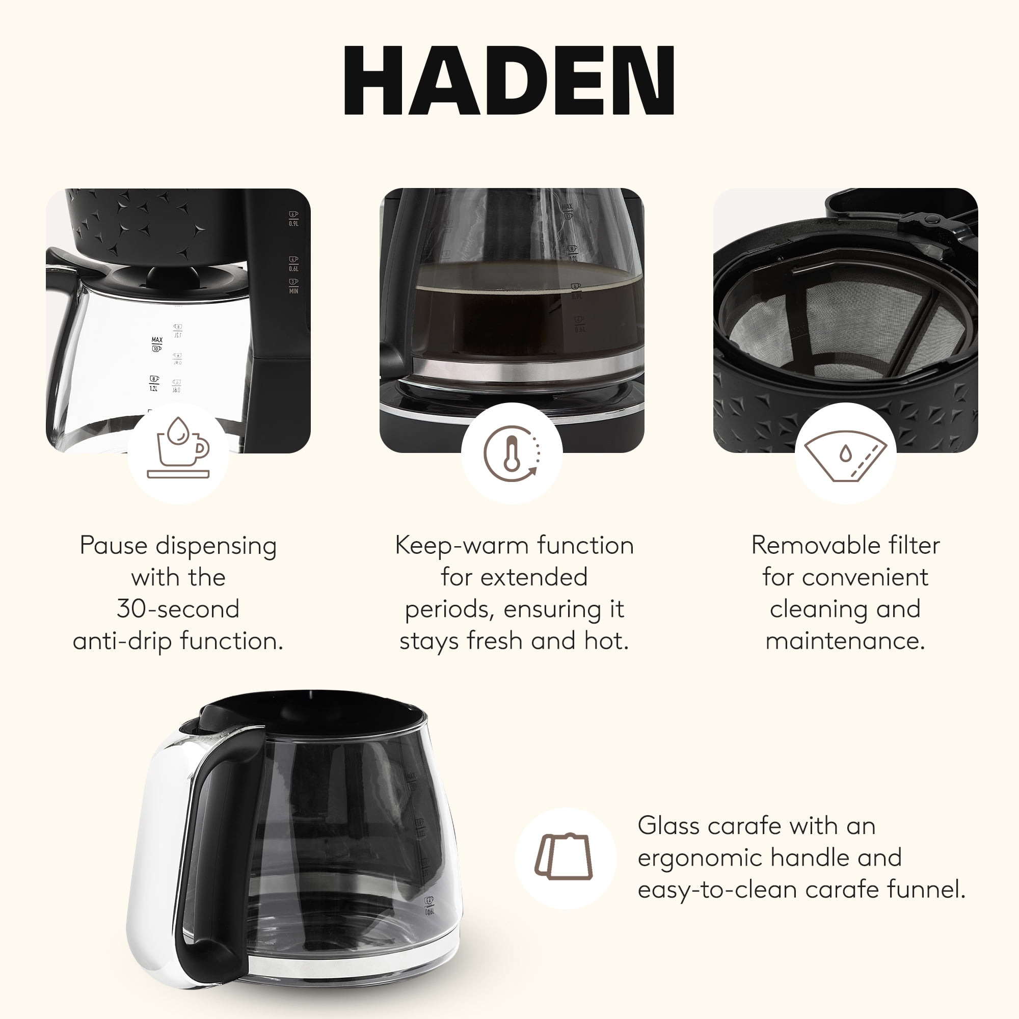 Haden Starbeck Coffee Machine, 10 Cup Auto Coffee Maker, Black & Chrome