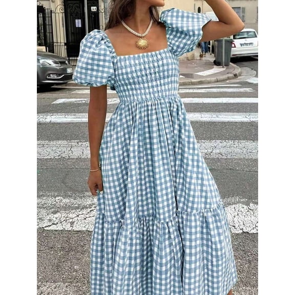 Blue And White Plaid Square Neck Puff Sleeve Tiered Midi Dress For Women