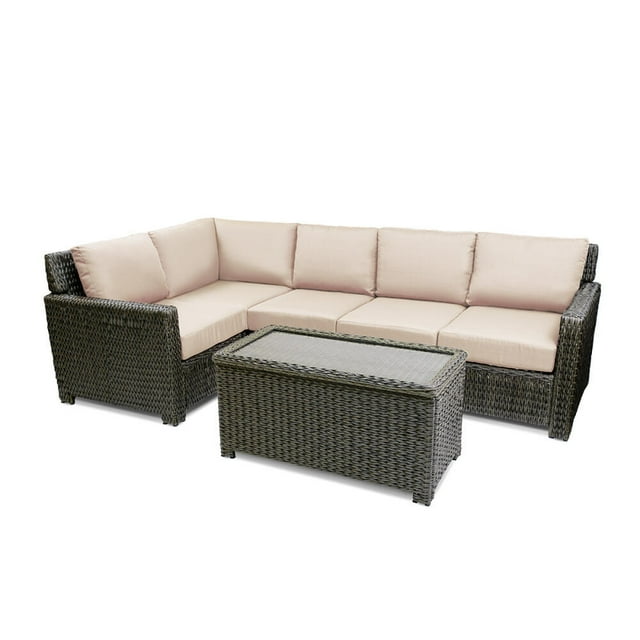 Krikacy Ensemble Modulaire de Conversation en Osier d'Extérieur 6 Pcs avec table Basse à Armoire, HDPE Toutes Saisons, Beige