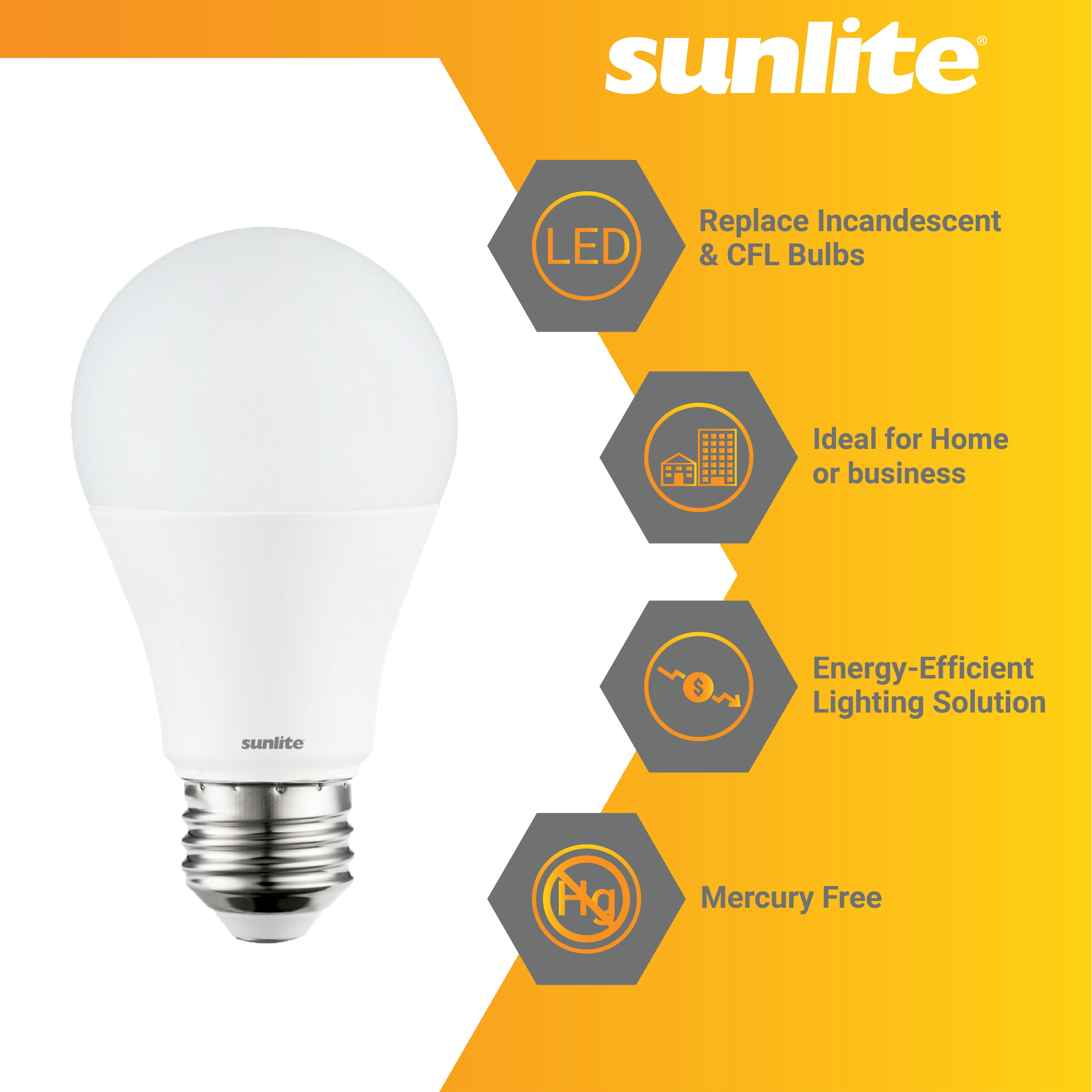 Sunlite LED A19 Light Bulb, 9 Watts (60W Equivalent), 810 Lumens, Medium E26 Base, 100-240 Multi-Volt, Non-Dimmable, Frost Glass, 3000K Warm White, 6 Pack