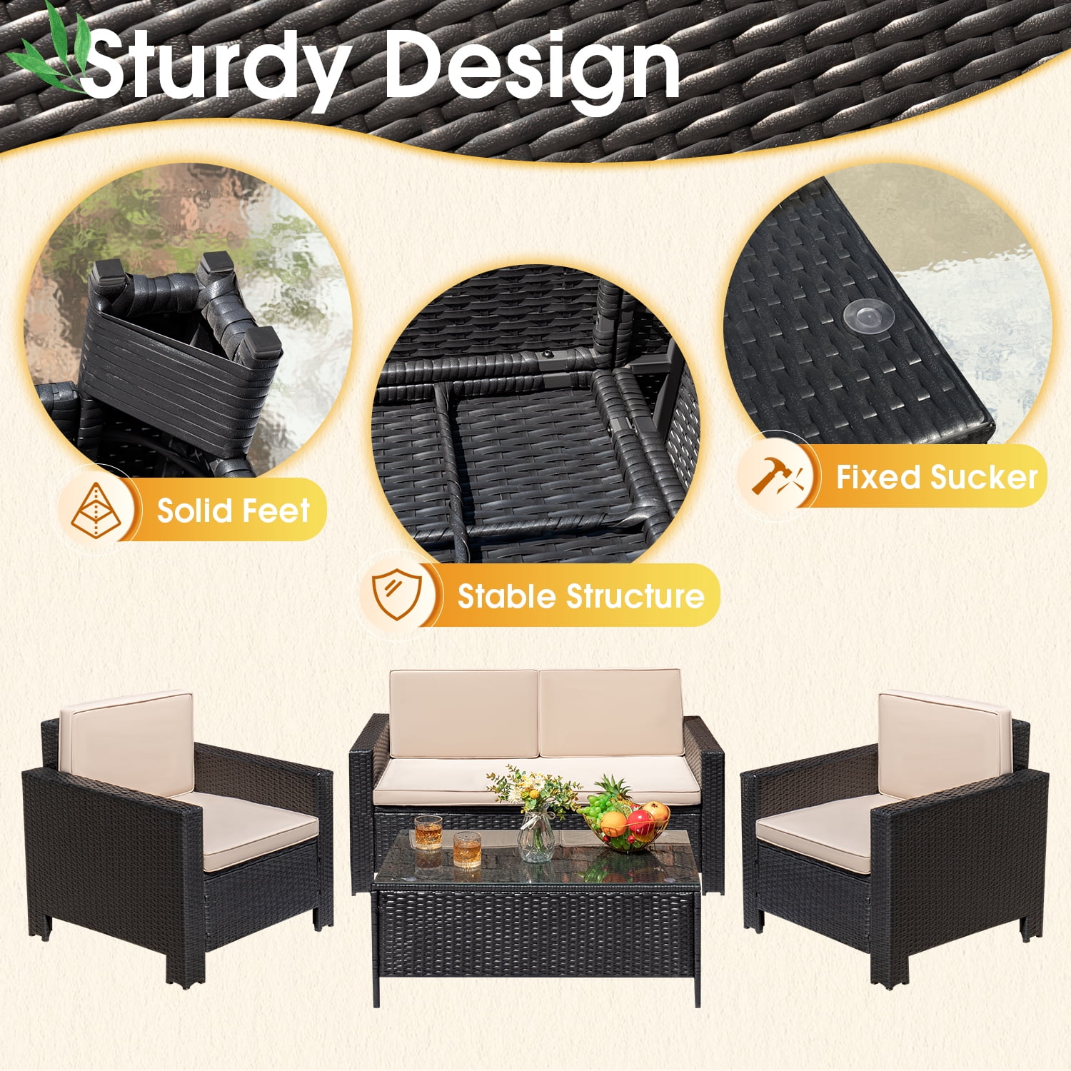 Devoko 4 Pieces Patio Set PE Rattan Wicker Furniture Sofa Set Outdoor Indoor Furniture Set, Black