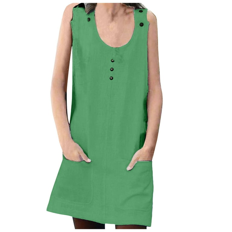 BEEYASO Clearance Summer Dresses for Women Sleeveless A-Line Mini Casual  Round Neckline Solid Dress Army Green 4XL 