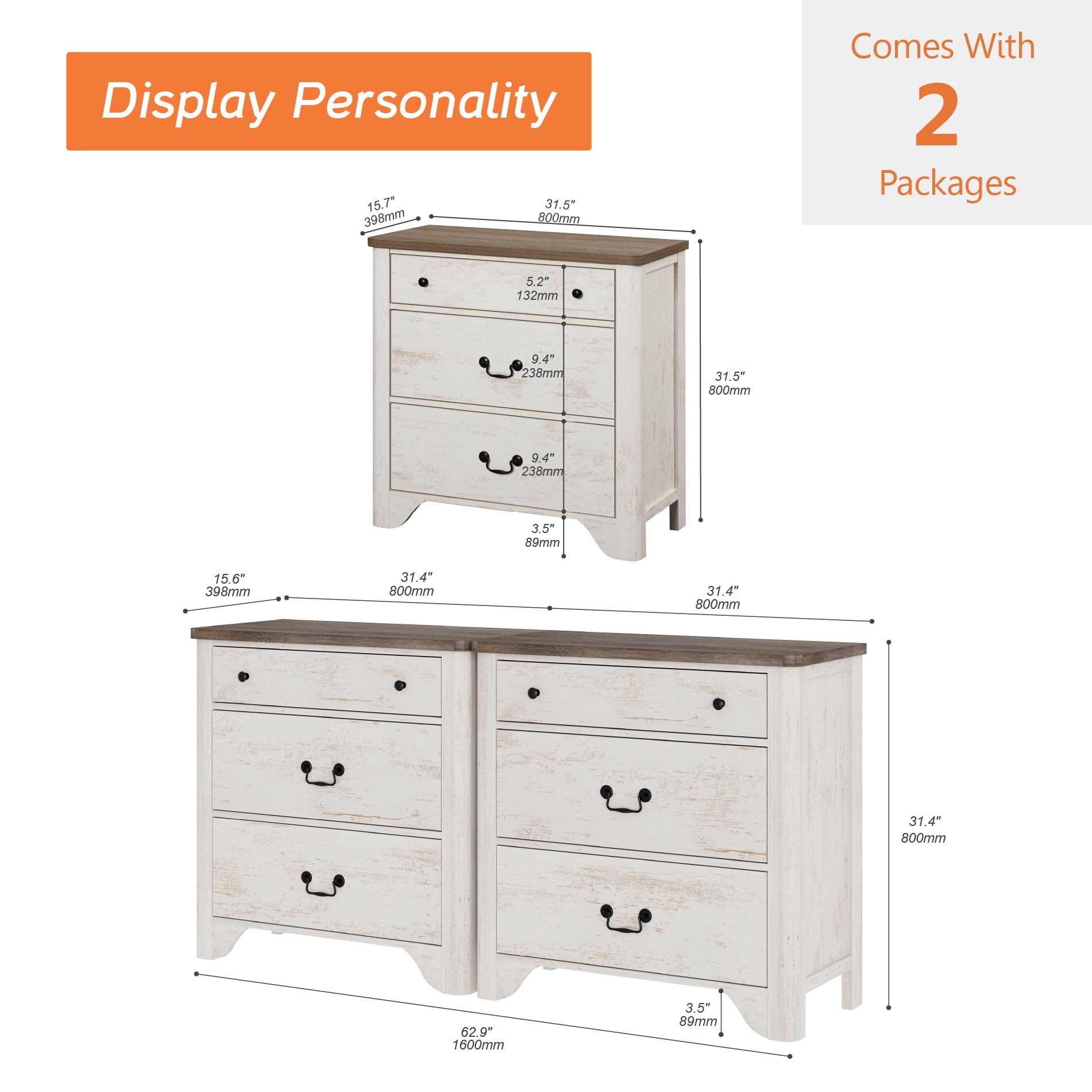 Set Of 2 Nightstand With 3 Drawers, Mid Century Modern Wooden Closet Storage Organizer