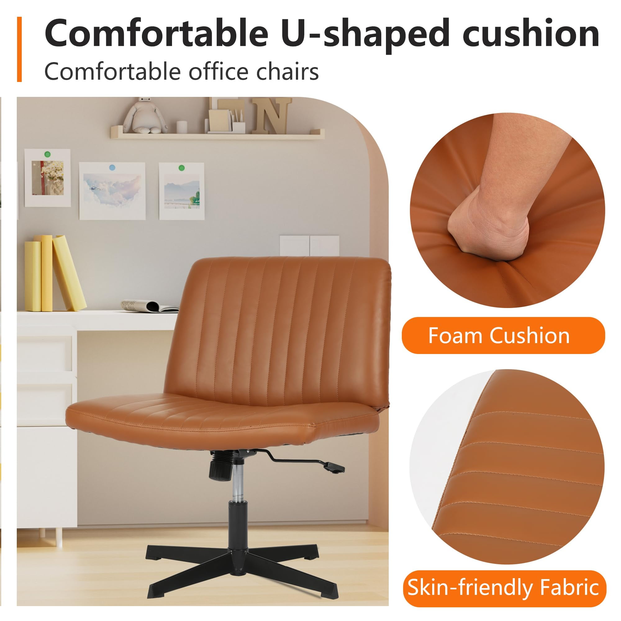 NiamVelo Criss Cross Chair, Armless Cross Legged Desk Chair Wide Seat Computer Task Chair Modern Height Adjustable Mid Back Chair No Wheels （Brown）