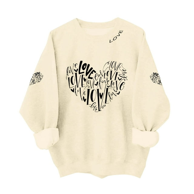 SOMOWI Chandail pour Femmes de la Saint-Valentin à Imprimé, Manches Longues, Col Rond, Chandail Décontracté, Vêtement, Beige, Graphique, Hauts d'Automne, TG