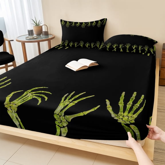 King Size Fitted Sheet Set - Black Halloween 3 Piece Bedding Sets 16" Deep Pocket Fitted Sheet with 2 Pillowcases, Farmhouse Spooky Green Hands Skeleton Brushed Microfiber Hotel Luxury Bed Sheets