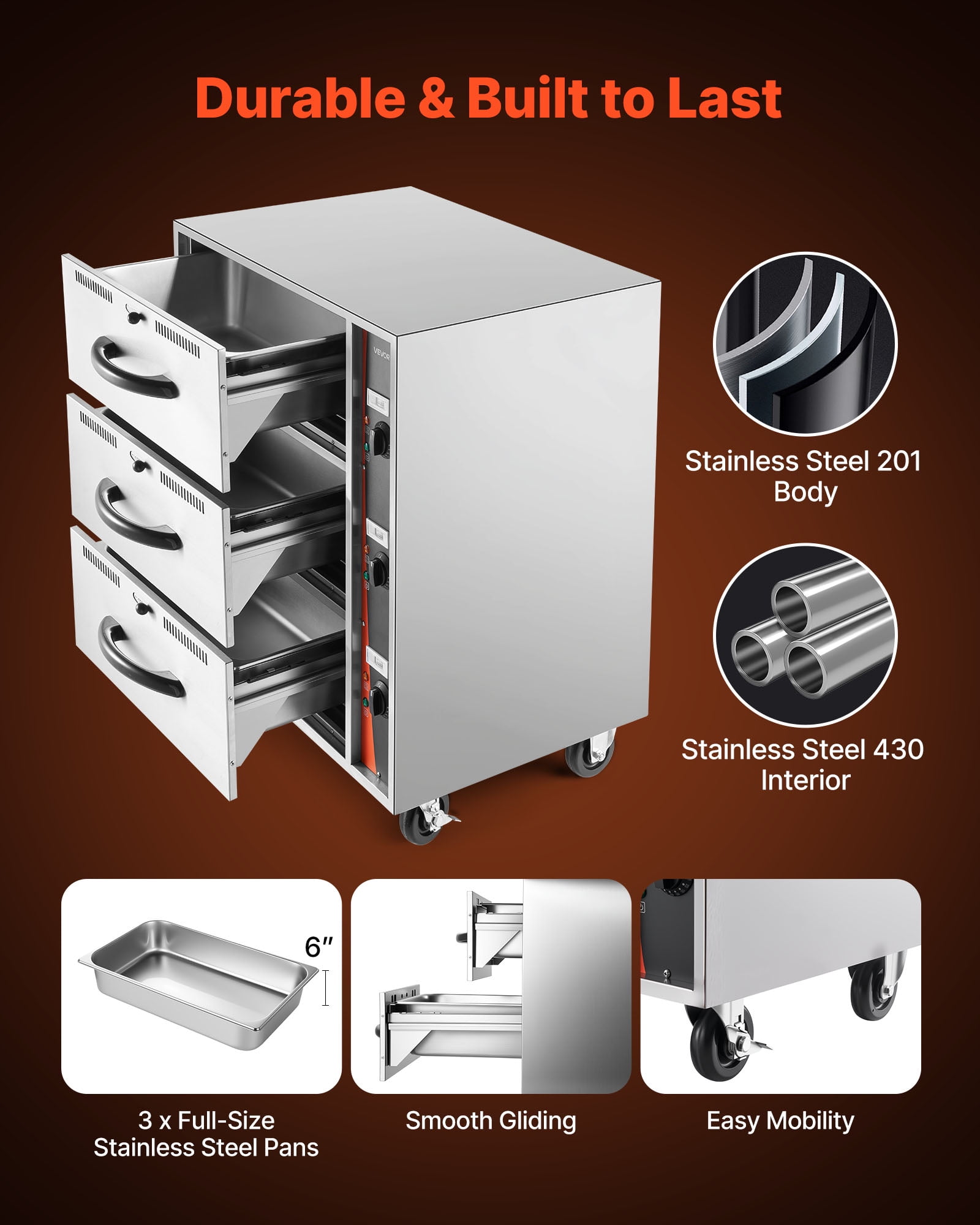 VEVOR Commercial Electric Drawer Warmer, Three-Drawer Stainless Steel Food Warmer, Freestanding Standard Warming Drawer Cabinet, 85°F–185°F Wide Temperature Range, for Restaurant, Hotel Buffet,Bakery