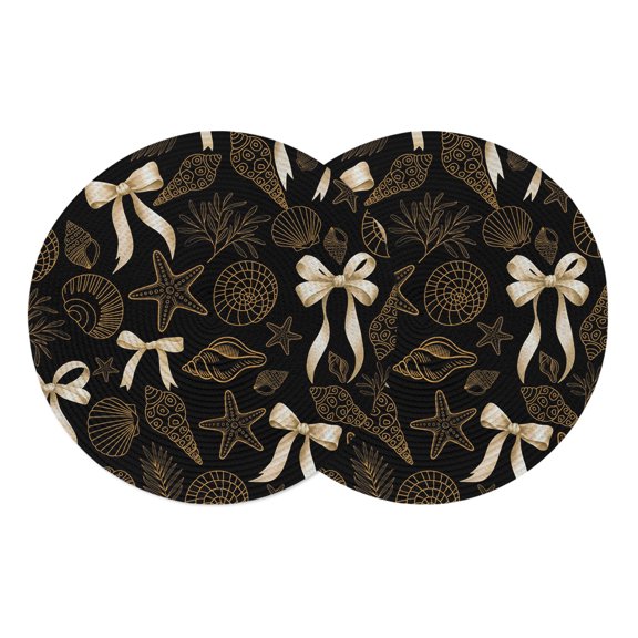 Round Placemats Summer Coastal Ocean 15 inch Set of 2 Table Mats for Dining Table Nautical Starfish Seashells Coral Black Heat Resistant Non-Slip Kitchen & Home Decorative Place Mat Set
