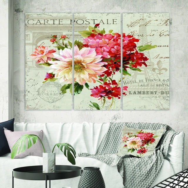 Designart - Fleurs Rouges Peintes sur Carte Postale Vintage III - Uvre d'Art sur Toile de Ferme