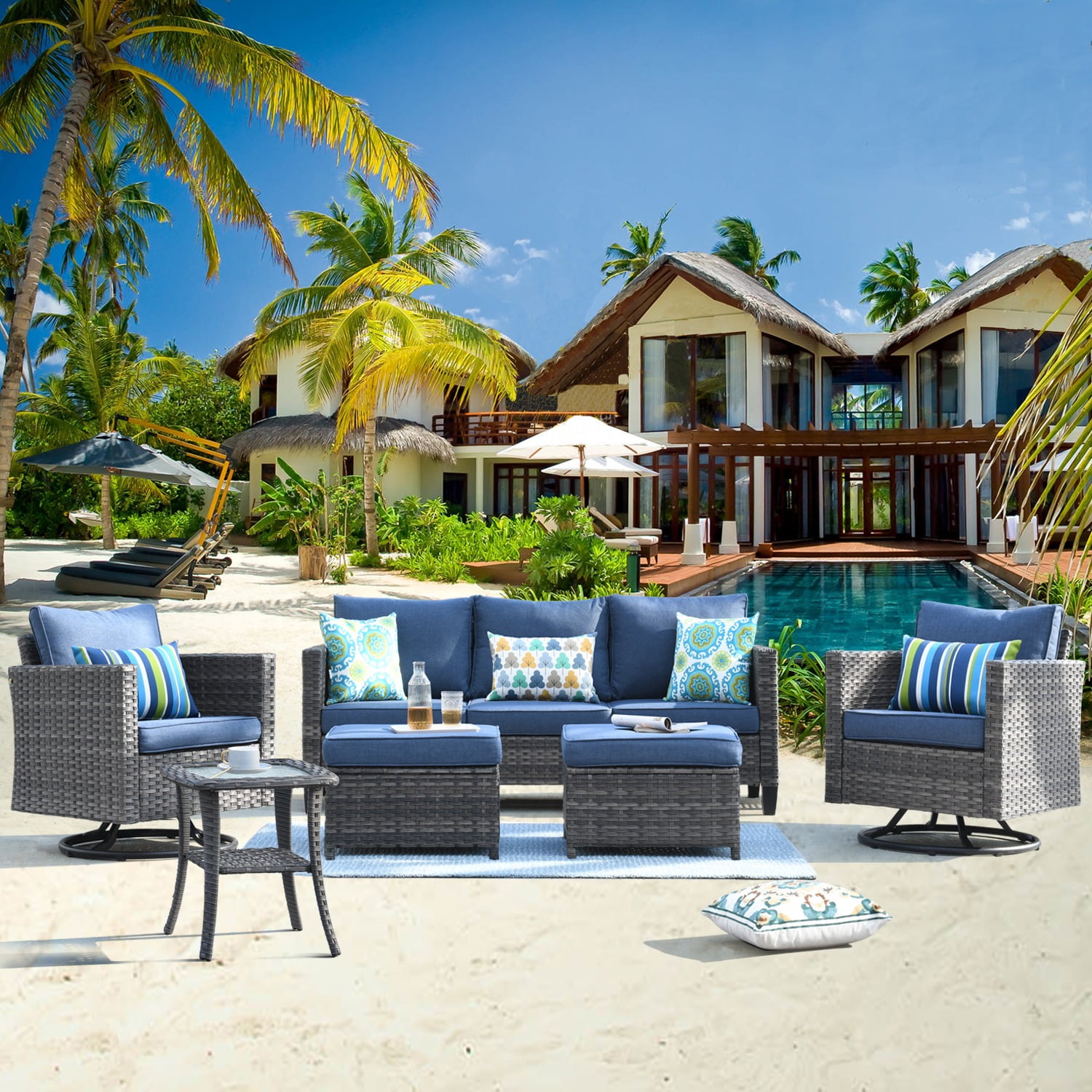 Ovios 6 Pieces Outdoor Patio Furniture with 360° Swivel Rocking Chairs