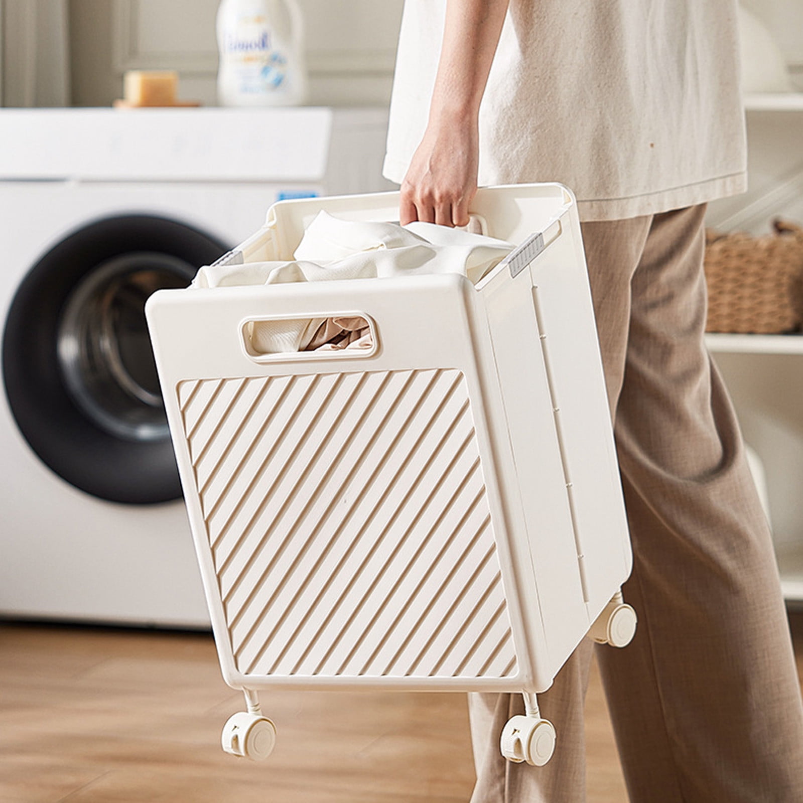 XGFHYJEH Collapsible Laundry Basket with Handles, Plastic Clothes Hamper for Baby Kids Nursery, Freestanding Foldable Laundry Bag, Decorative Storage Container, Folding Big Washing Bin