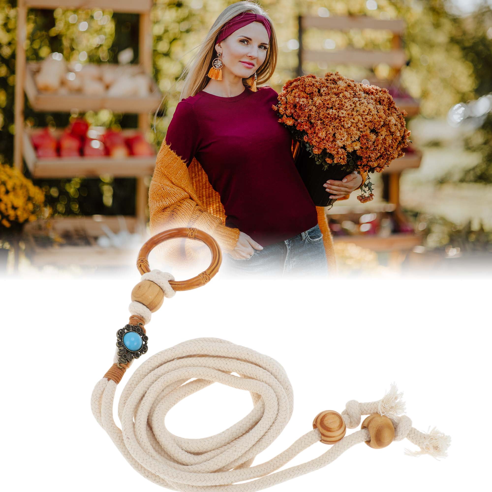 Unique Bargains Buckle Bohemian Waist Rope Adjustable Tie Design 1 Pc Bamboo Buckle