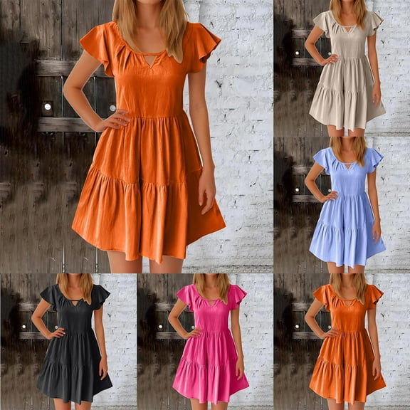 ZZwxWA Women Summer Dresses Boho Floral Printed Ruffles Sleeve Swing Dress Loose Short Mini T-Shirt Dress