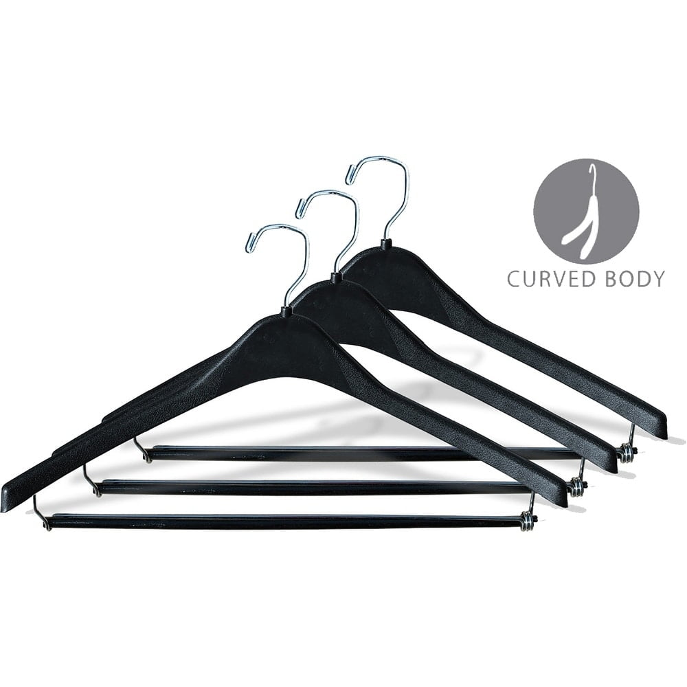 International Hanger Plastic Curved Suit Hanger w/Locking Bar, Black