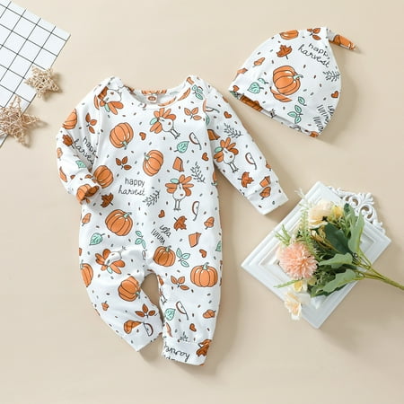 

BTJX Toddler Kids Girls Boys Pumpkin Romper Jumpsuit Hat Set Cloths