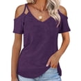 thumbnail image 2 of Brilliant Women Tops Women's Summer Solid Short Sleeve Top Off Shoulder V-Neck Casual Lace Up T-Shirt clothes under $10.00, 2 of 7