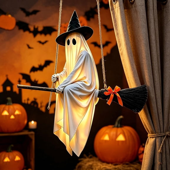 Luckky 5 FT Light-Up Hanging Swing Ghost Halloween Decor,Flying Ghost on Broomstick with Witch Hat,Spooky Cute Outdoor Ornament for Front Porch Yard Tree