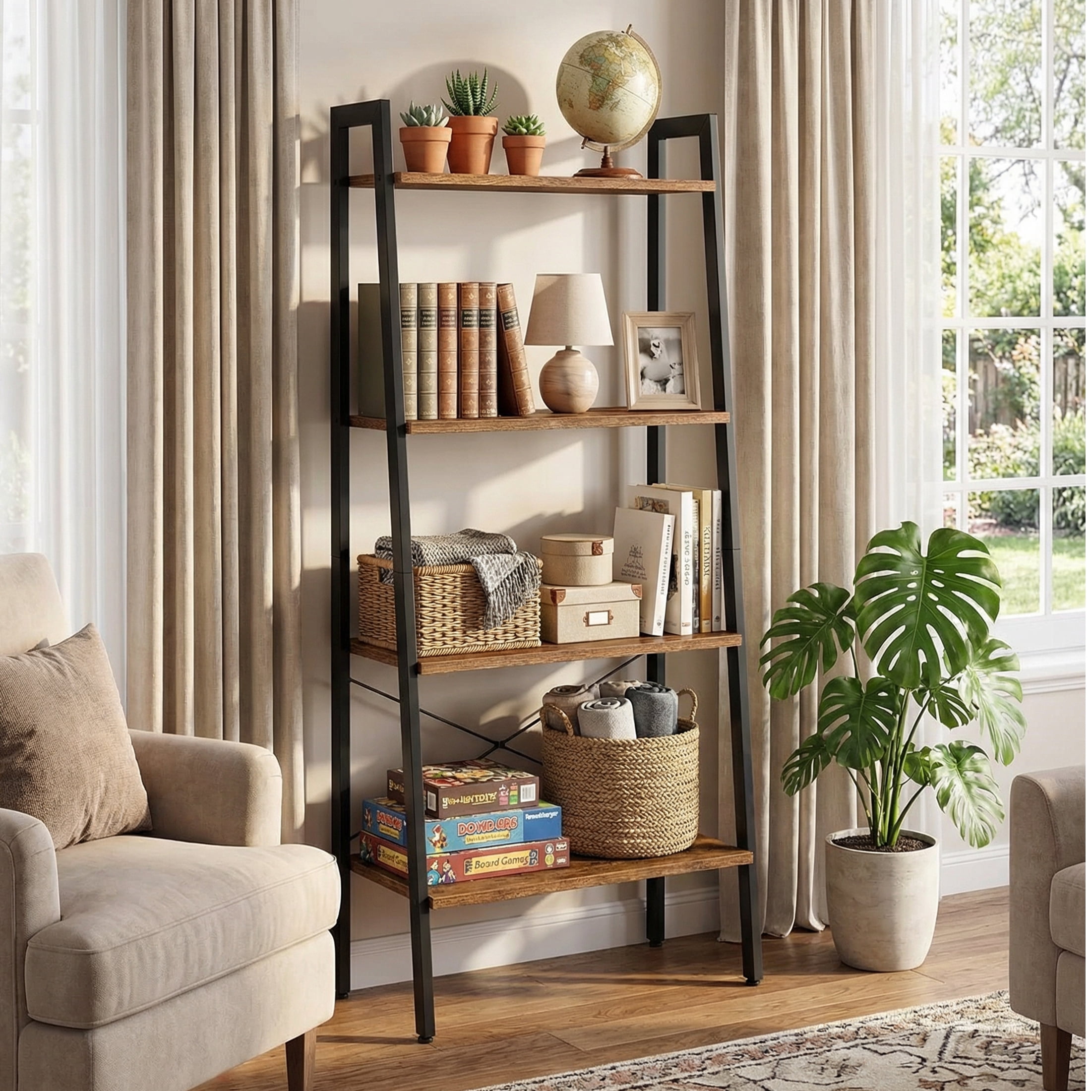 EDX 4-Tier Ladder Shelf, Bookcase Storage & Display Shelf , Corner Bookshelf for Living Room, Balcony, Home Office, Rust