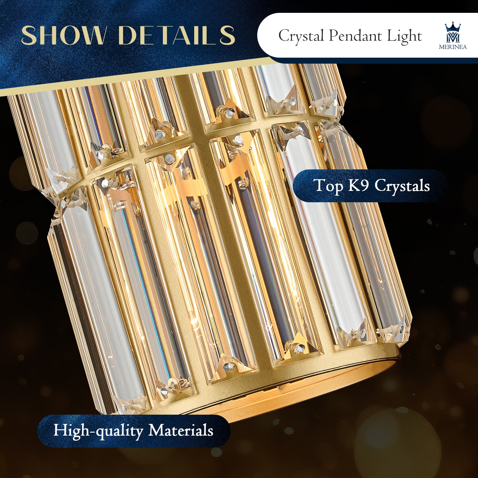 Gold Crystal Pendant Light for Kitchen Island, Mini Hanging Light Fixture with K9 Prism Crystals, 1-Light Modern Ceiling Pendant in Brass Finish for Dining Room, Bedroom, Bathroom,  E26