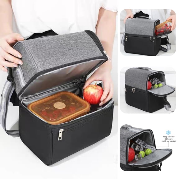 Dmlowu Insulated Lunch Bag, 2 Compartment Food Cooler Bag with Adjustable Crossbody Shoulder Strap, Large Capacity Lunch Box for Women Men Work Office Picnic