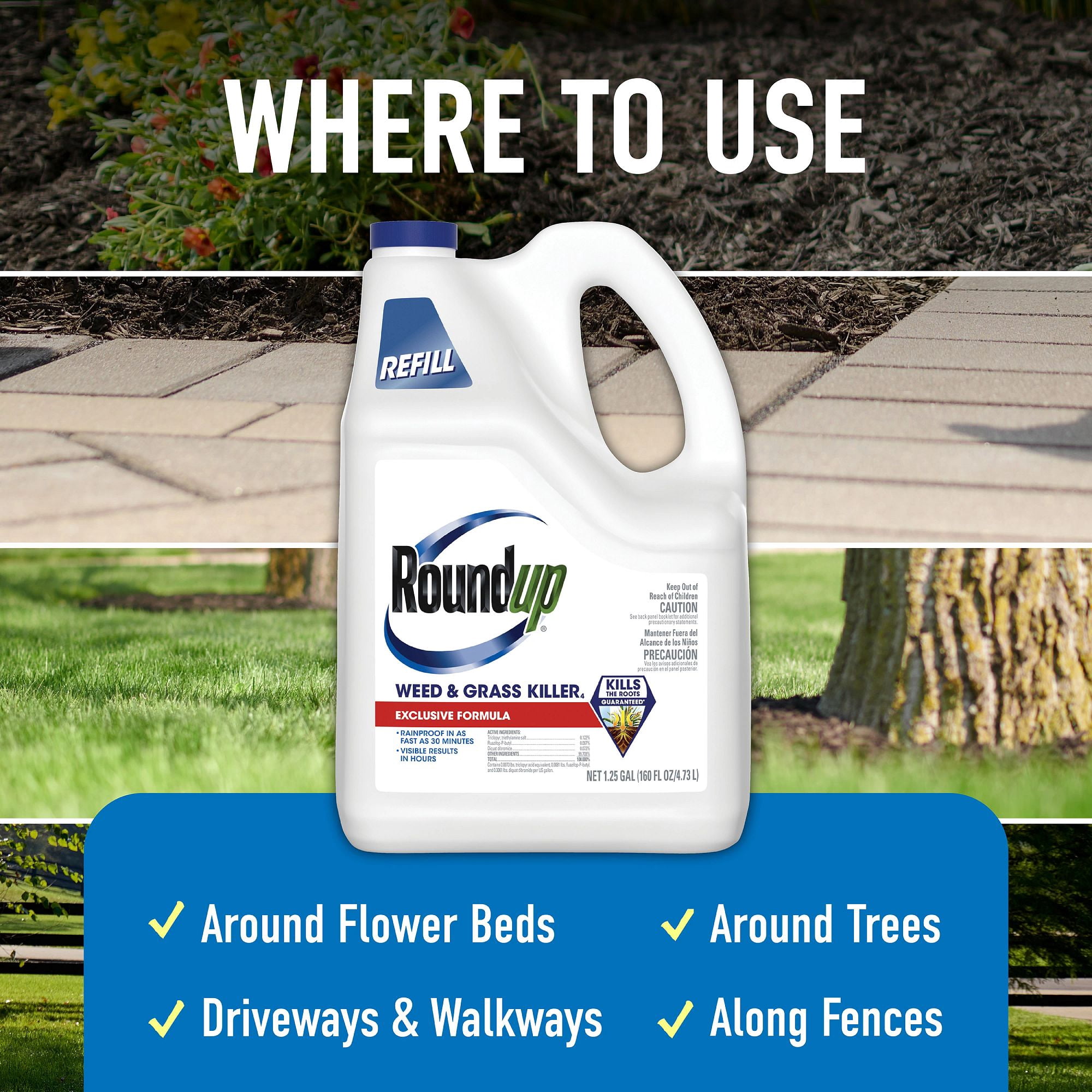 Roundup Weed & Grass Killer₄ Refill, Use in Flower Beds, Around Trees & More, 1.25 gal.